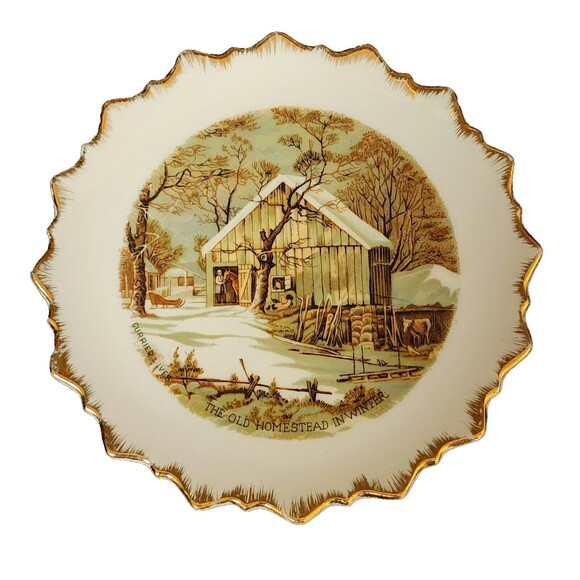 Currier & Ives Other - Currier Ives The Old Homestead in Winter Decorative Wall Plate White Gold Brown